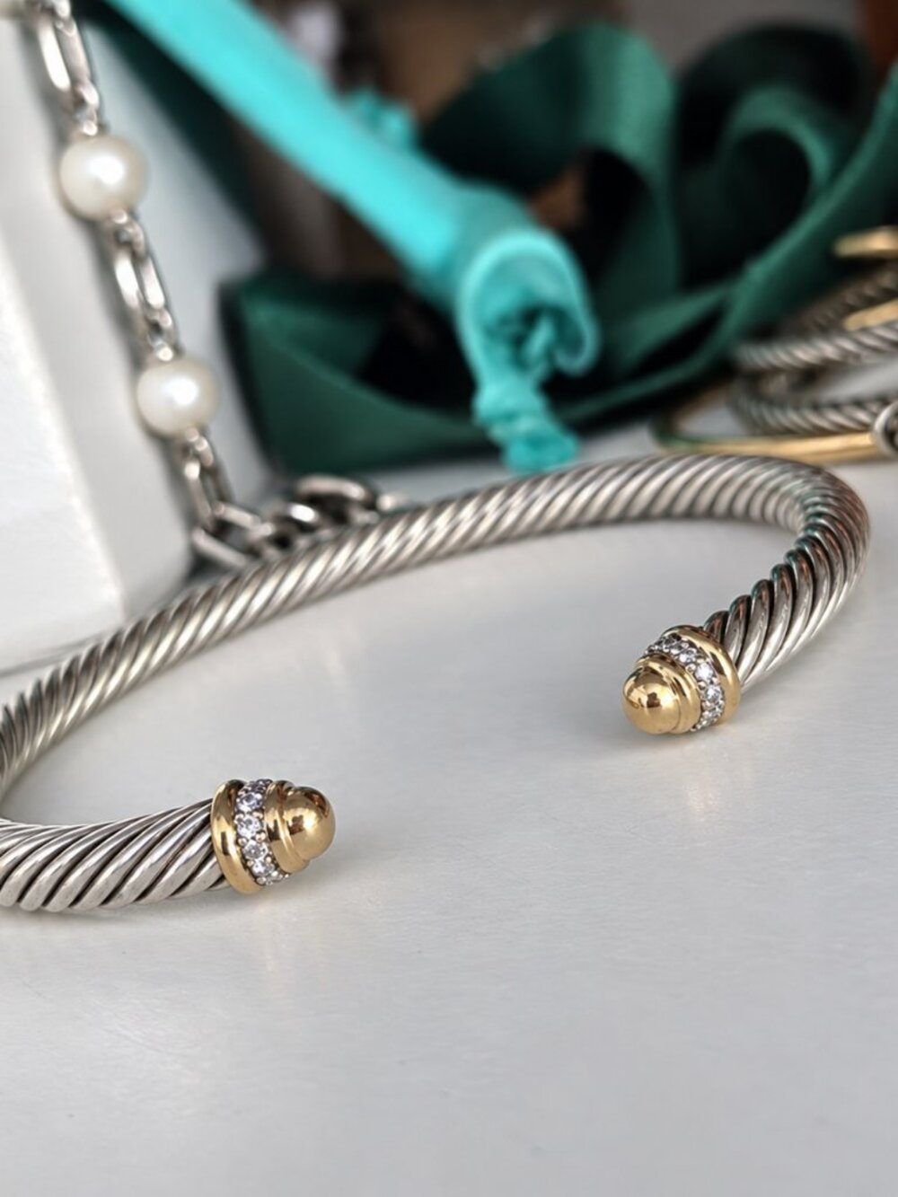 David Yurman 5mm Cable Bracelet 18K Gold Domes Diamonds Size L